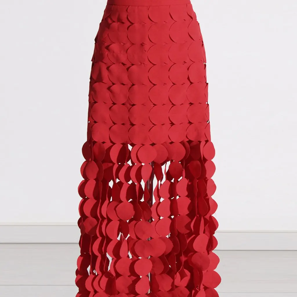 

Elegant High Waist Solid Color Skirt with round Tassel Stitching Australian Design for Early Spring