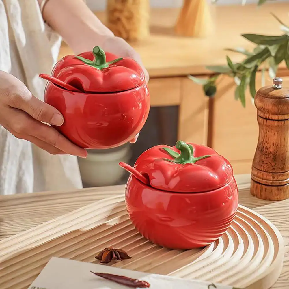 Tomato Ceramic Spice Jar with Lid Spoon 420ml Salt Sugar Pepper Storage Pot Chili Oil Container Kitchen Seasoning Organizer