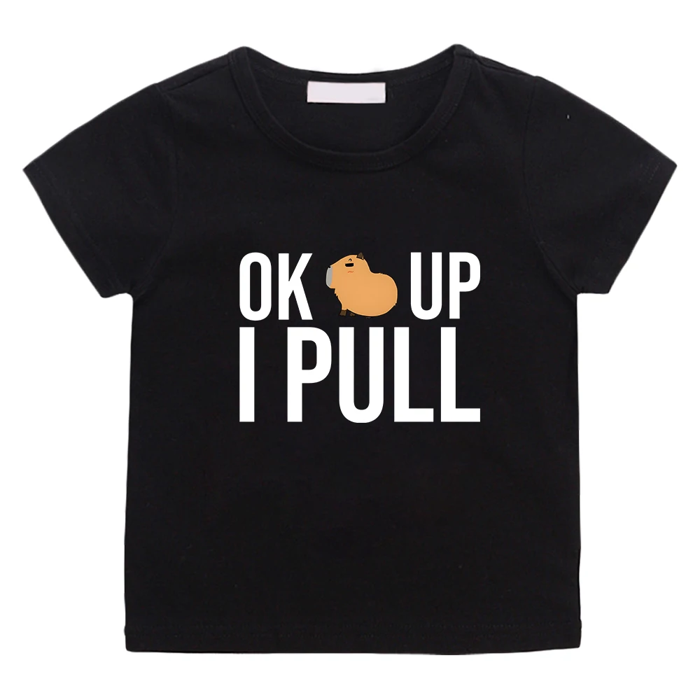 

OK I PULL UP Capybara Cartoon Tee-shirt for Boys and Girls Children Summer Tshirts Kawaii Graphic Casual O-neck T-shirt Soft Tee