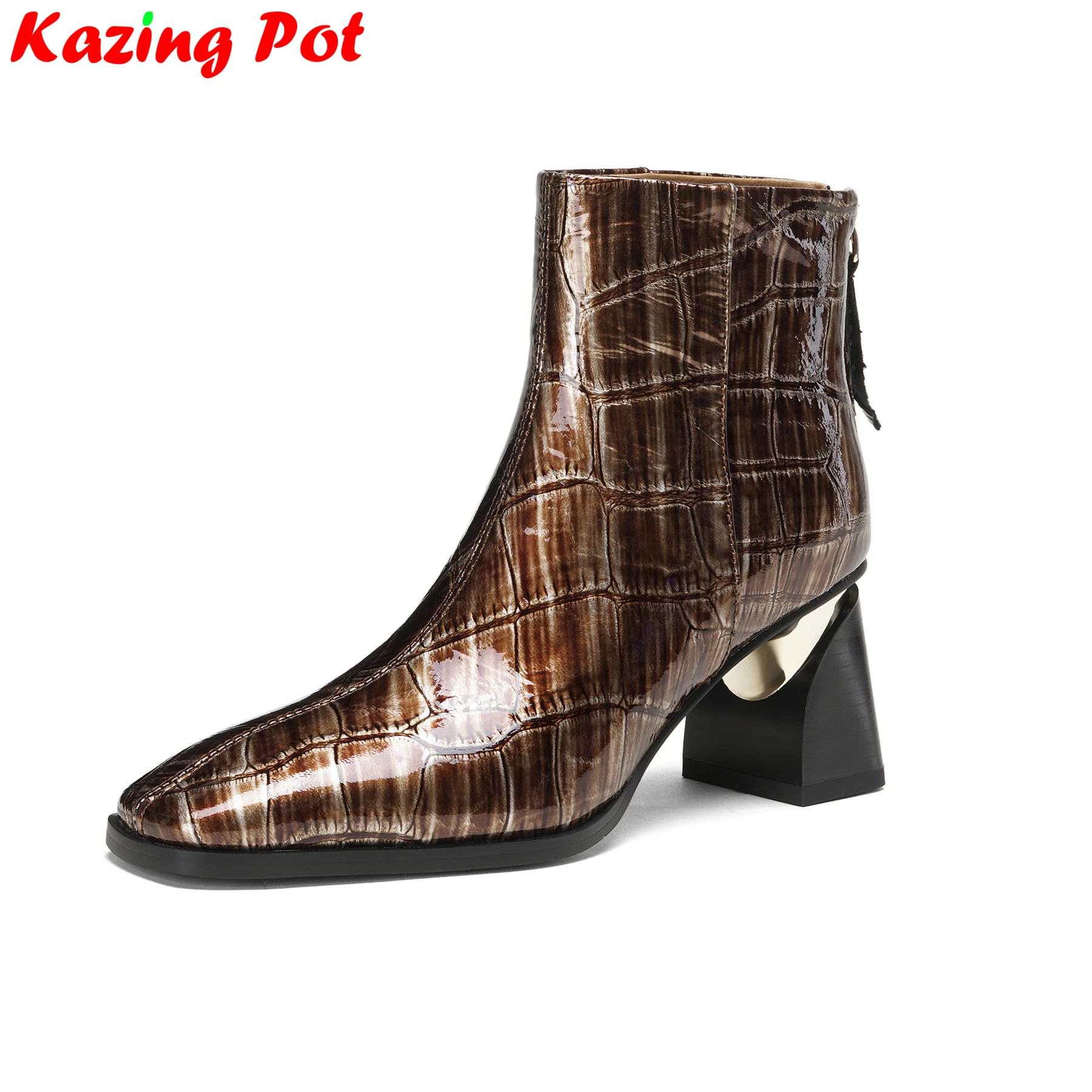 Plus Size Patent Leather Square Toe High Heels Zip Modern Boots Warm Winter Shoes Dating Concise Elegant Print Brand Ankle Boots