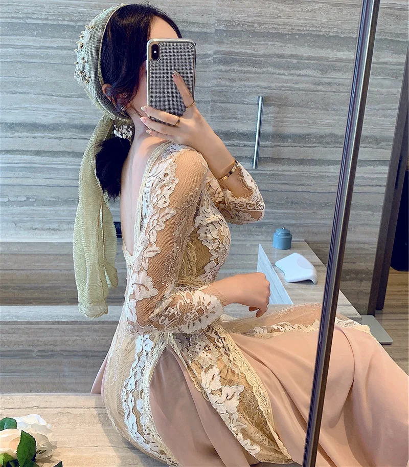 Ele Hoge Taille Lange Sve Kant Bal Vakantie Dr met Sjaal Crossbody Dames Faion Herfstseizoen Maxi Dr