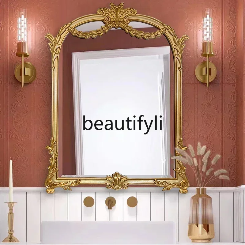 zq1French retro makeup mirror bathroom carved vanity mirror wall-mounted decoration European bathroom mirror