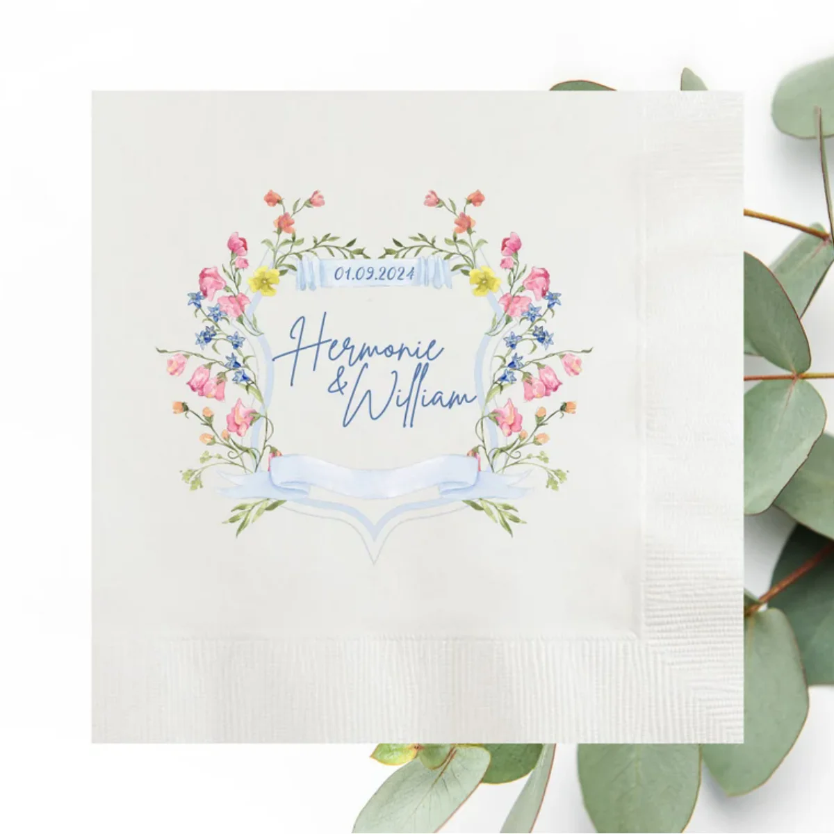 50pcs Floral Crest Custom Wedding Napkins, Personalized Modern Full Color Printed Napkin, Vow Renewal, Anniversary, Rehearsal Di