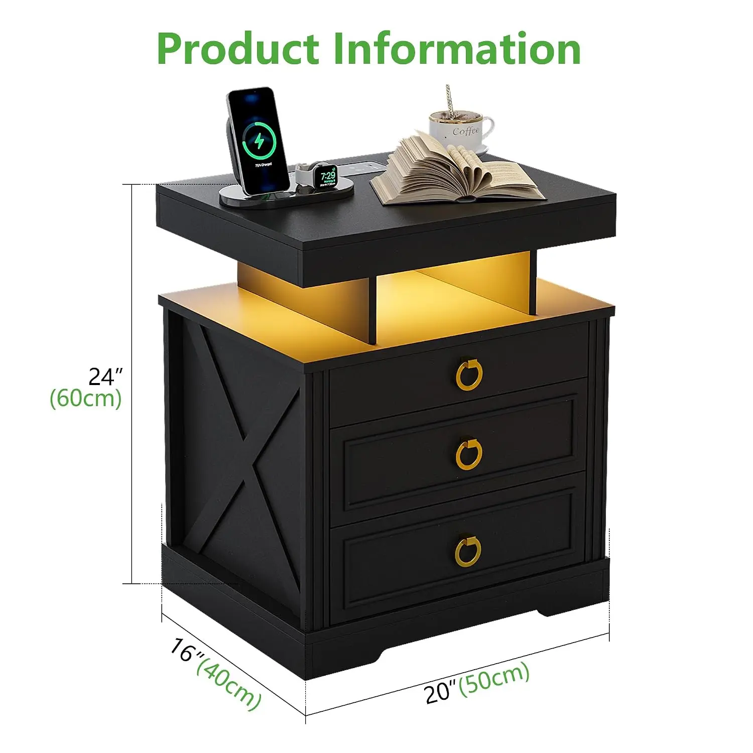 Nightstand with Charging Station&LED Lights&USB-C&Wireless Charging&Motion Sensing&Hidden Compartment for Bedroom, Customized