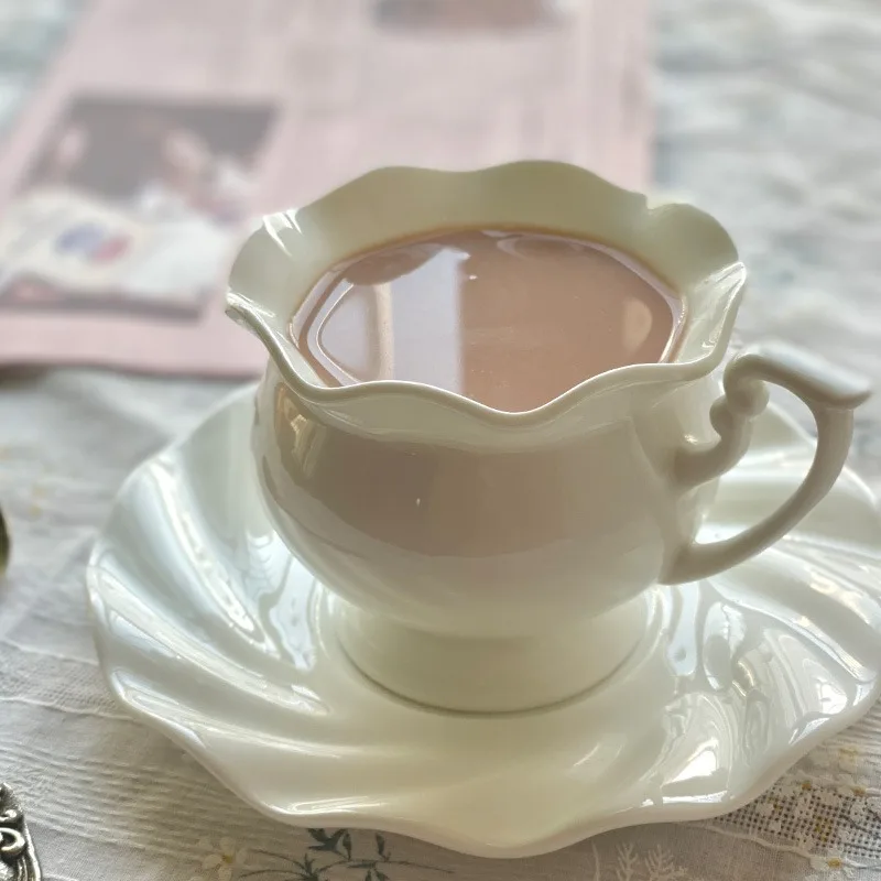 Korean Creative Lace Coffee Cup Bone China Pure White Lotus Leaf Teacup and Saucers Set 210ML Water Cup Office Home Mugs