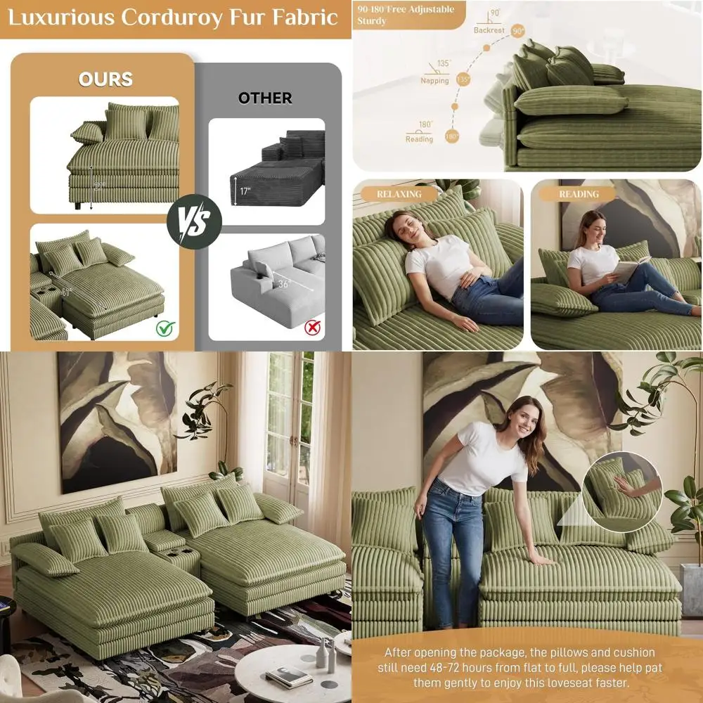 

Oversized Double Chaise Lounge Chair Indoor, Corduroy Sofa Couch with Storage, USB & Cup Holder, Adjustable Reading Chair, Cloud