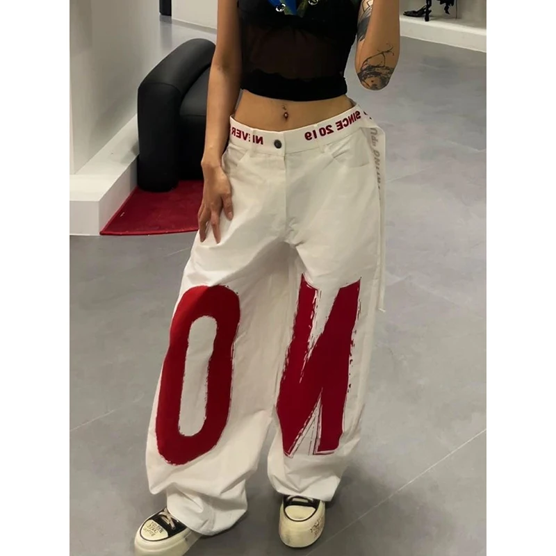 ZHIZOU Women White Letter Print Y2k Baggy Jeans 2000s Style Denim Trouser Harajuku Vintage Oversize Hip Hop Jeans Pants Autumn