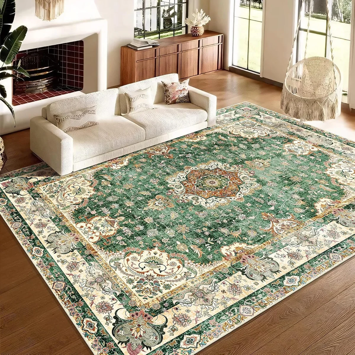 Extra Large 9x12 Sage Green Vintage Boho Washable Area Rug Non Slip Distressed Oriental Indoor Carpet for Living Room Bedroom