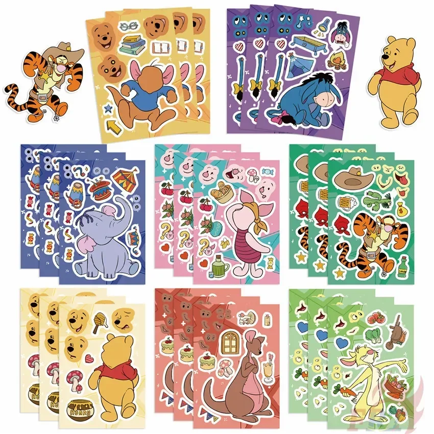 8/16Sheets Sheets Disney Make A Face Puzzle Stickers Winnie-the-Pooh Tigger Kids Assemble Jigsaw Toys Children Funny Game Party