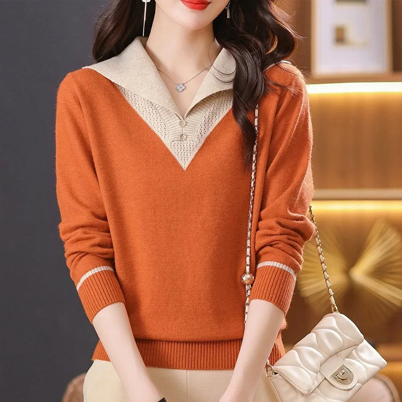 2024New Women Autumn Winter Turn-Down Collar Pullover Color Block Button Long Sleeve Sweater Knitted Tops Female Bottoming Shirt