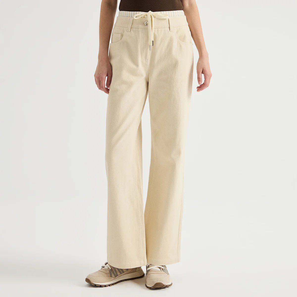 KL9624029 Women's Cotton Blend High Waist Wide Leg Pants Chain Trim Pocket Striped Waist Timeless Quiet Luxury Fall