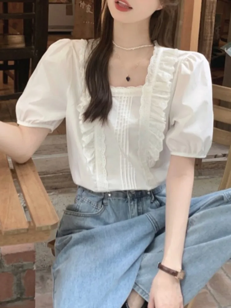 Summer Square Collar T-Shirts Tops Women Sweet Ruffle Pleated Patchwork Fashion Ladies Cropped Blouses Korean Style Woman Tops