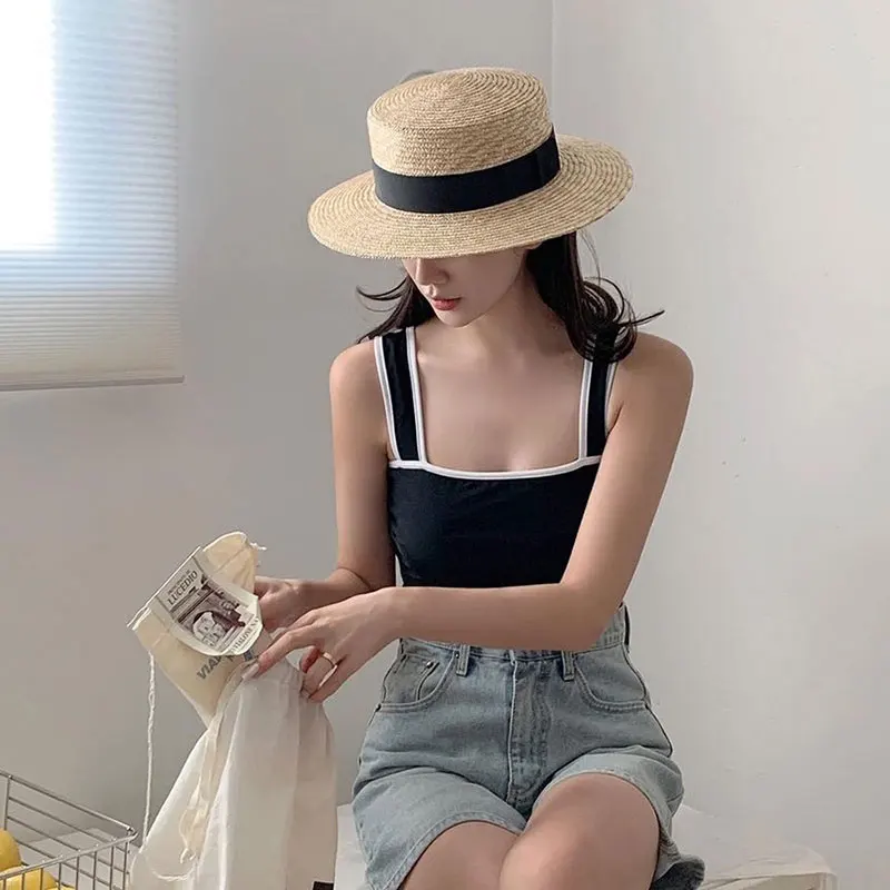 2023 New Simple Summer Parent-child Beach Hat Female Casual Panama Hat Lady Brand Flat Brim Natural Straw Cap Girl Beach Sun Hat