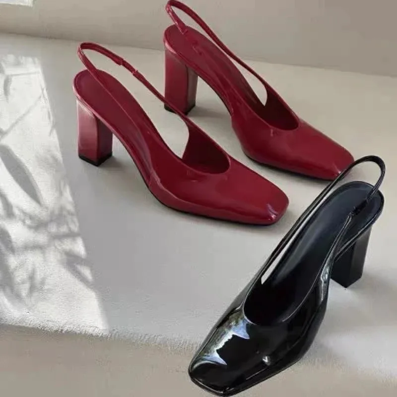 

2025 Design Shoes Summer Patent Leather Women Sandals Fashion Square Toe Dress Street Style High Heel Shoes Zapatos De Mujer