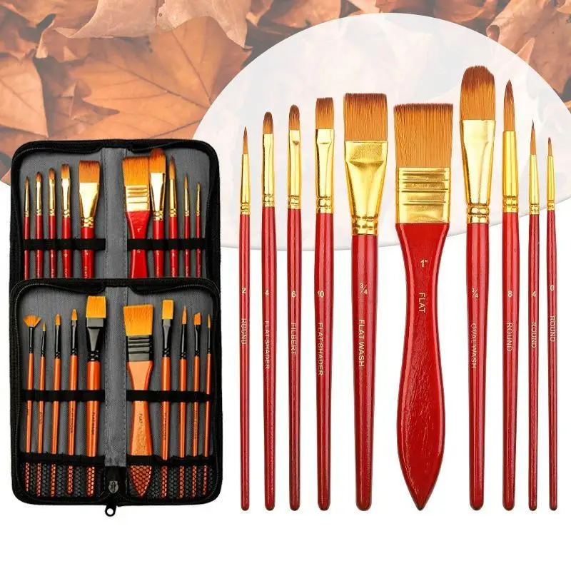 10 Piece Orange Rod Multifunctional Nylon Brush Set With: Canvas Bag Watercolor Acrylic Oil Painting Tools