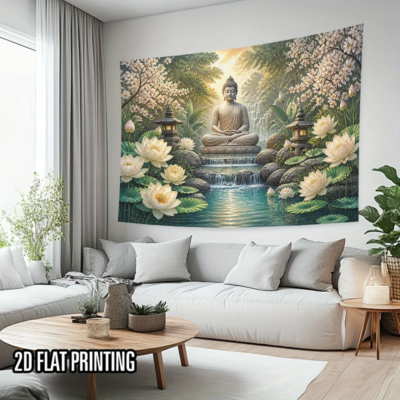 Serene Buddha Meditation Waterfall Garden Tapestry Wall Hanging for Living Room Decor Spiritual Zen Art