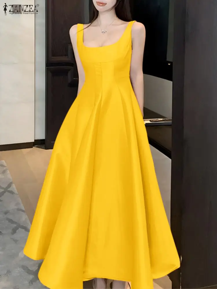 女性ファッション 6 色サテンカクテルパーティーロングドレス ZANZEA エレガントなスクエアネックノースリーブ A ラインイブニングドレス女性のための