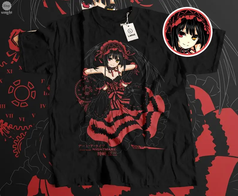 Unisex Timekeeper Kurumi Tee - Anime-Inspired Gothic Elegance, Tokyo Spirit Chronicle Shirt, Retro Clockwork Angel, Manga Enigma