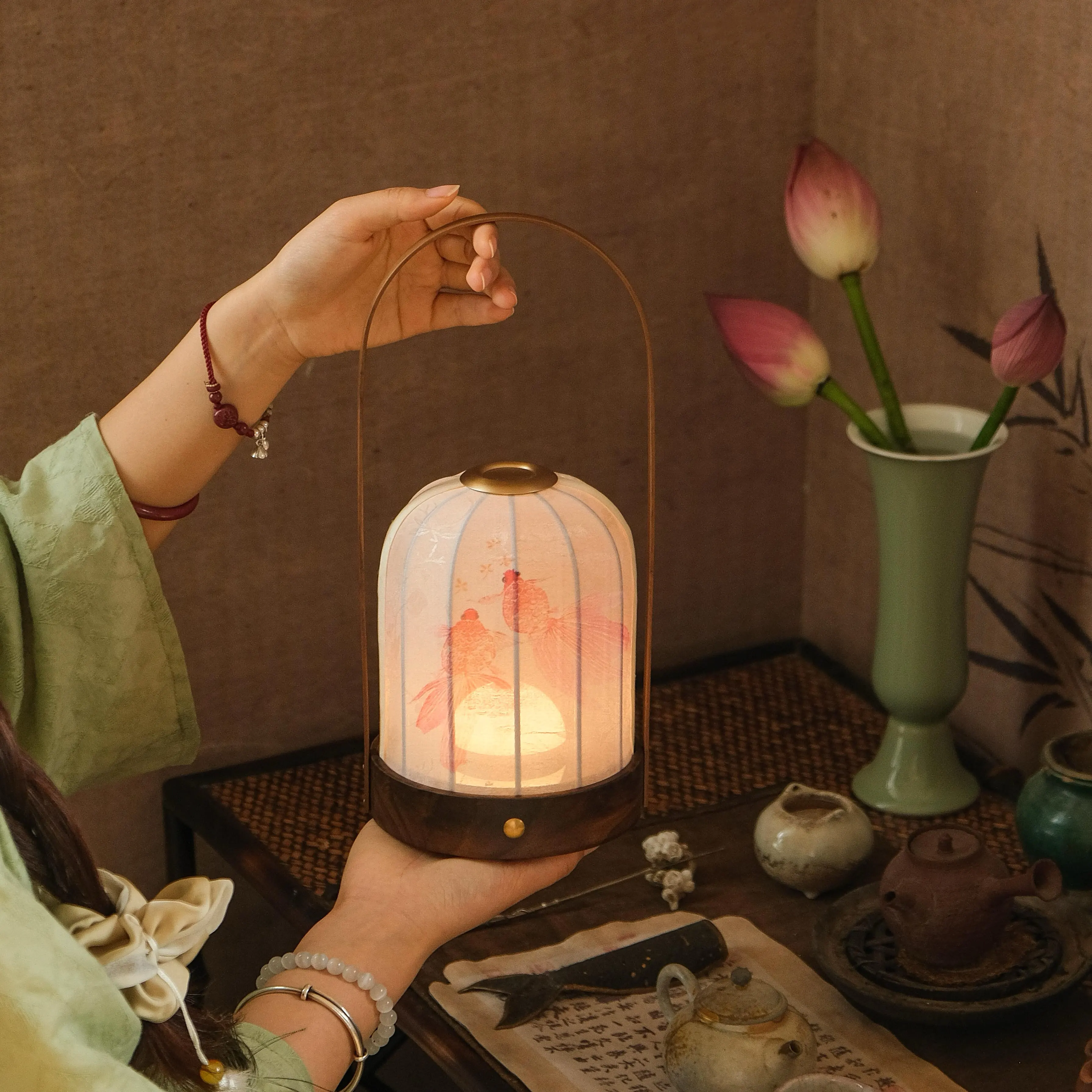 Chinese Aesthetic Walnut Handheld Fish Playing Lotus Touch Atmosphere Light Koi Fish Lifting Beam Light