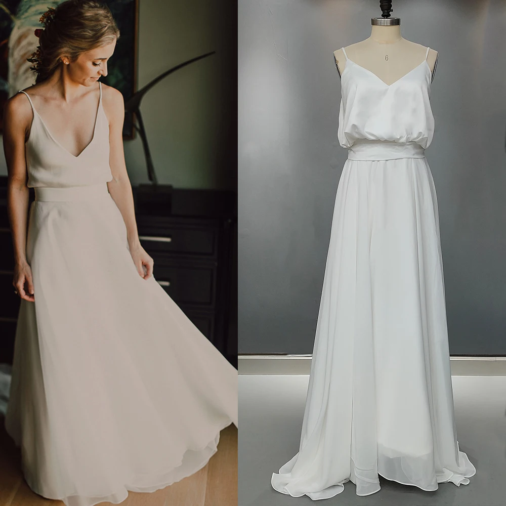 Beautiful Satin Outdoor Ranch Wedding Photo Dresses Simple Cheap Spaghetti Straps Backless Customized A Line Beach Bridal Gowns