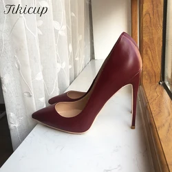 Tikicup bordowy matowy kobiety elegancki szpiczasty nosek szpilki buty galowe OL Slip na czółenka na szpilkach 8cm 10cm 12cm rozmiar 33-45