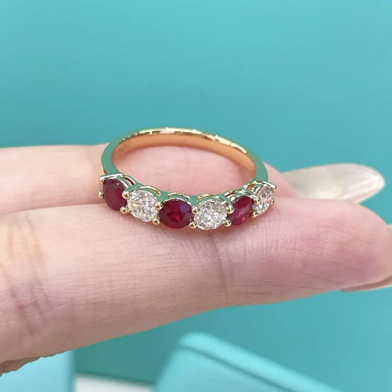 

Настраиваемое кольцо из 14-каратного золота с рубинами и выращенными в лаборатории бриллиантами (пять камней) для женщин, с сертификатом