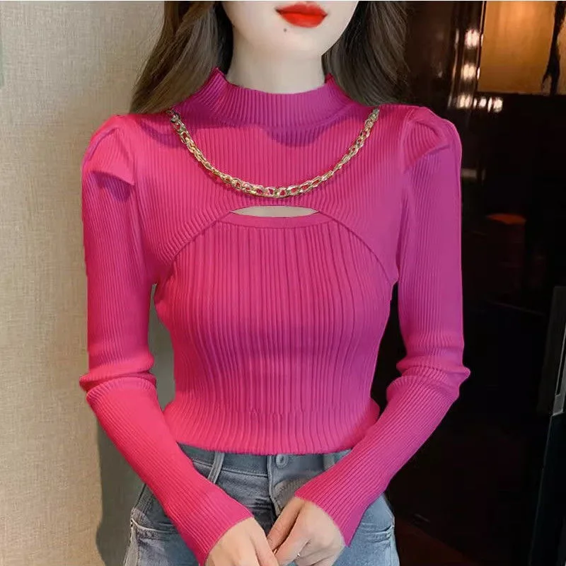 Fdfklak Spring Autumn Women Sweaters Sleeves Half-high Collar Bottoming Shirt Knitwear Yellow Orange Pullovers Korean Jumpers