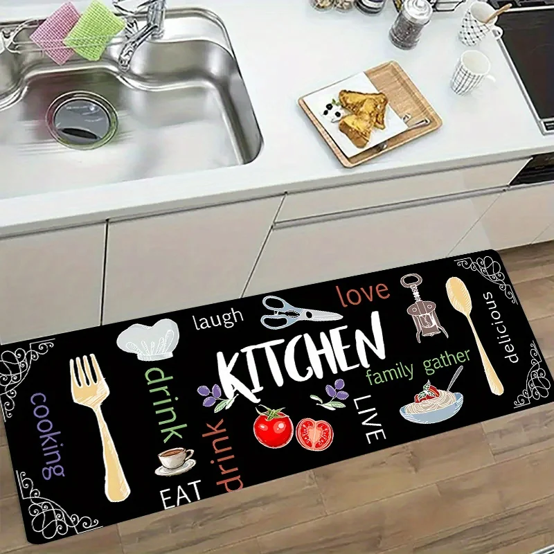 Kitchen Utensils Text Flannel Runner Rug Non-slip Anti-fatigue Floor Mat for Cooking Area Sink Home Decor Carpet