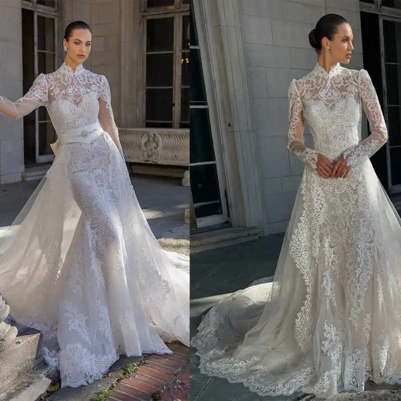 

Элегантное свадебное платье русалки с цветами и кружевом, свадебное платье большого размера с длинными рукавами и без бретелек, Vestidos De Novia, цвет индивидуального размера