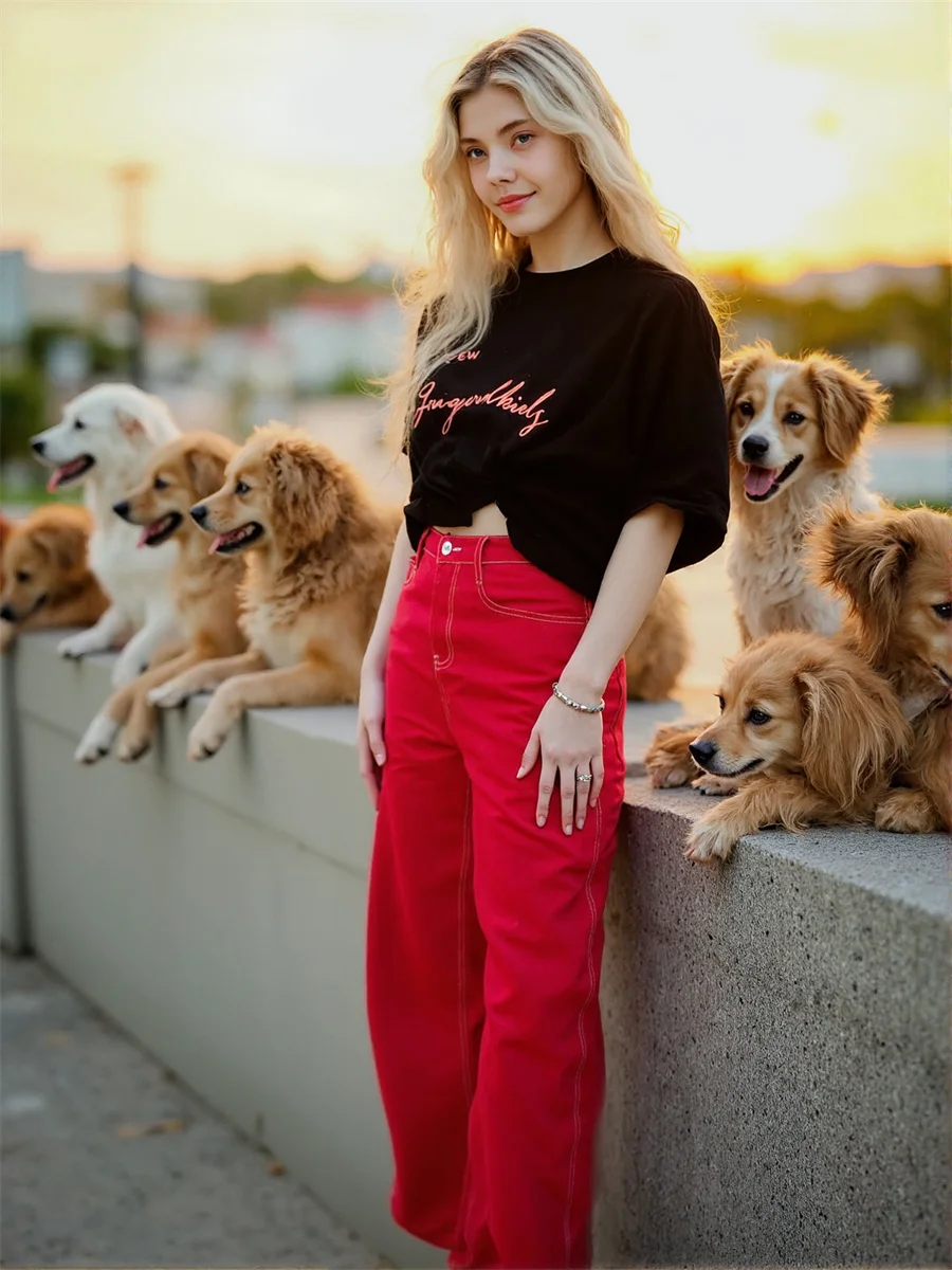 

Красные джинсовые джинсы с высокой талией, женские панели, сращивание, цветные блоки, градиент, художественные уникальные винтажные плиссированные эластичные корейские джинсы для девочек