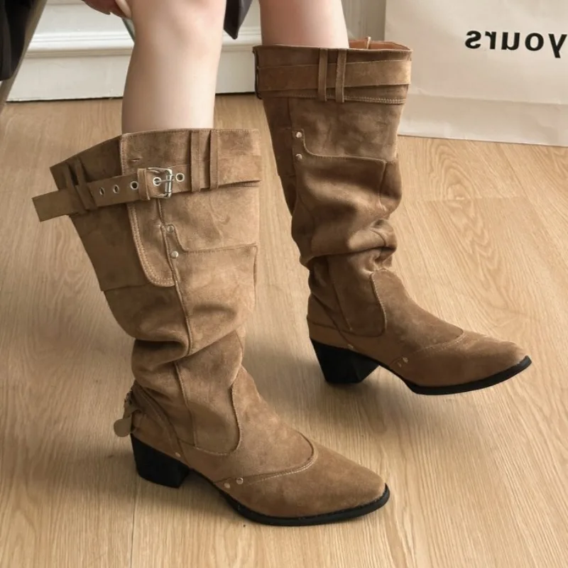 

Mid Heels Women Pointed Toe Knee Boots Designer Buckle Elegant Shoes 2025 Winter New Suede Long Boots Chunky Cozy Zapatos Mujer