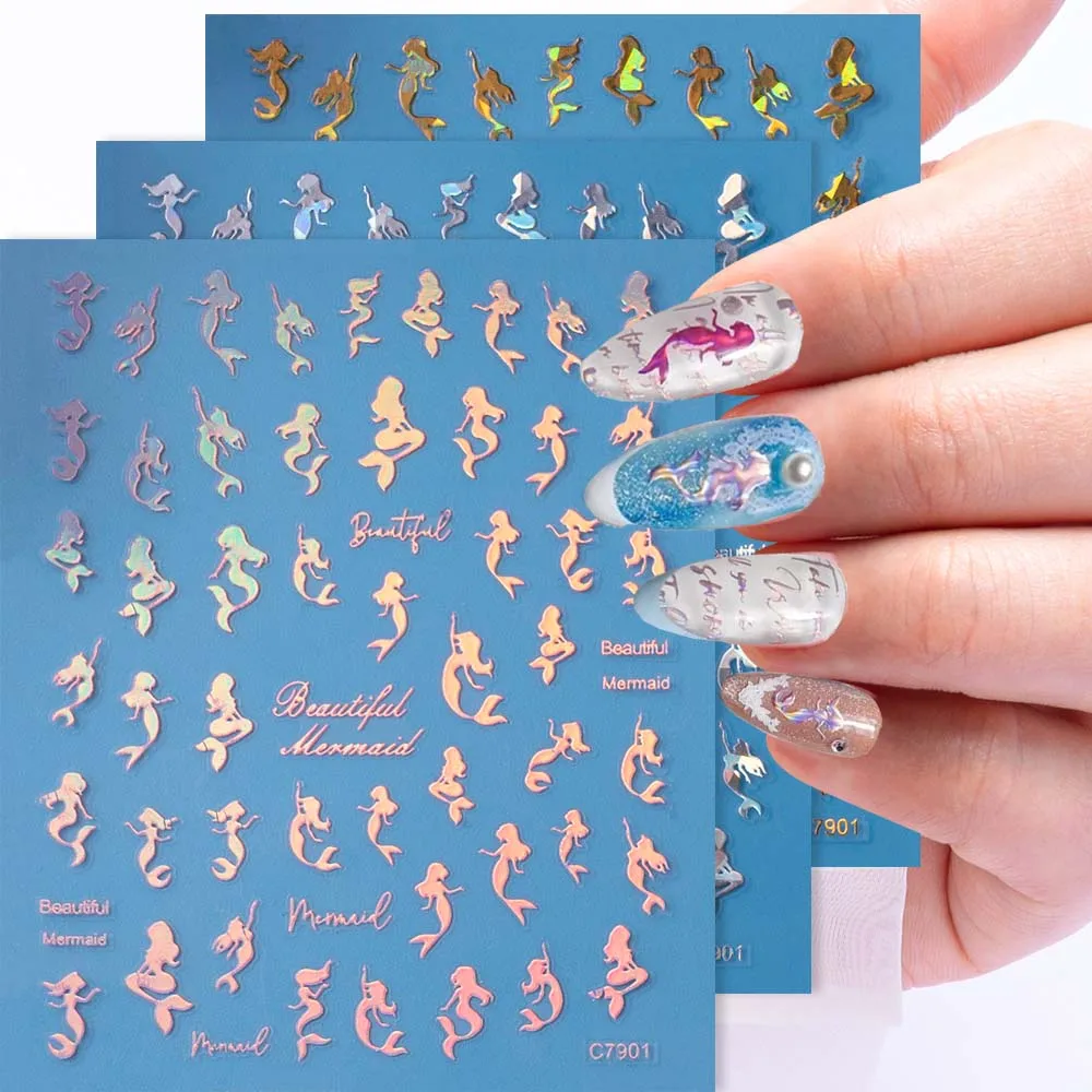 1pc 3D Iridescent Mermaid Princess Nail Stickers Long Hair Half-fish Designs Nail Decals Sea Adhesive Decals Summer Nail Decoras