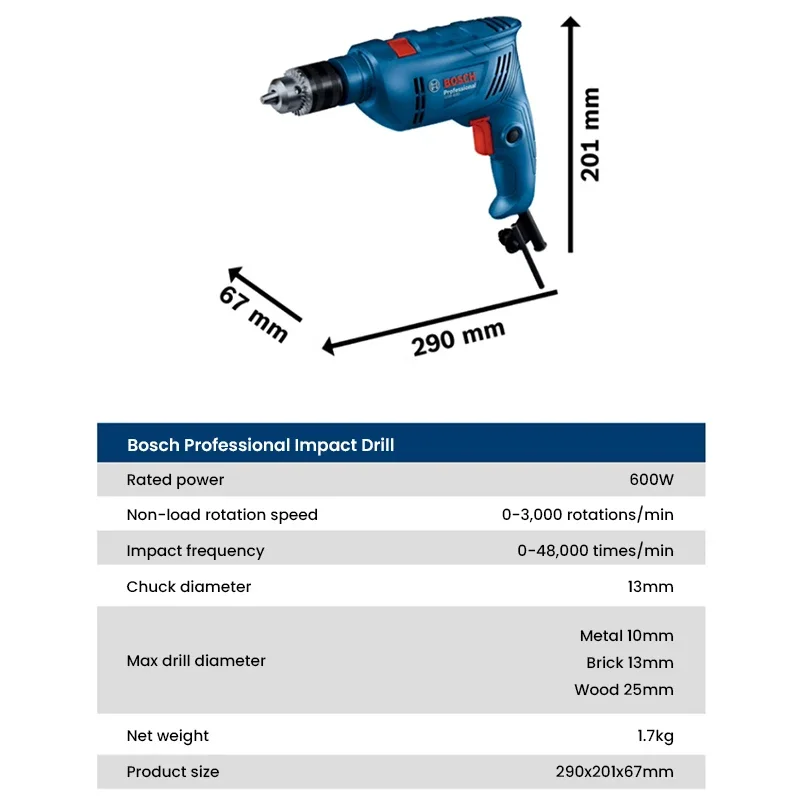 Bosch GSB 600 Electric Hammer Drill 48000bpm Wired Impact Driller High Power Drilling Power Tool for Wood Steel Concrete Brick