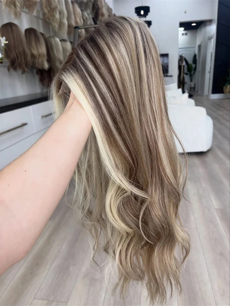 Pelucas delanteras de encaje ondulado para mujer, peluca con parte superior de encaje sintético sin pegamento, color rubio platino, a la moda, para uso diario en fiestas
