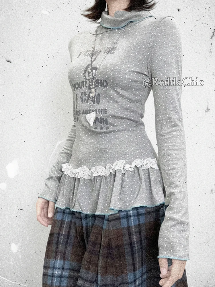 REDDACHiC Layering Ruffle Hem Women T-shirt Y2k Polka Dots Long Sleeves Stitch Lace Extra-long Top Grunge Alternative Clothing