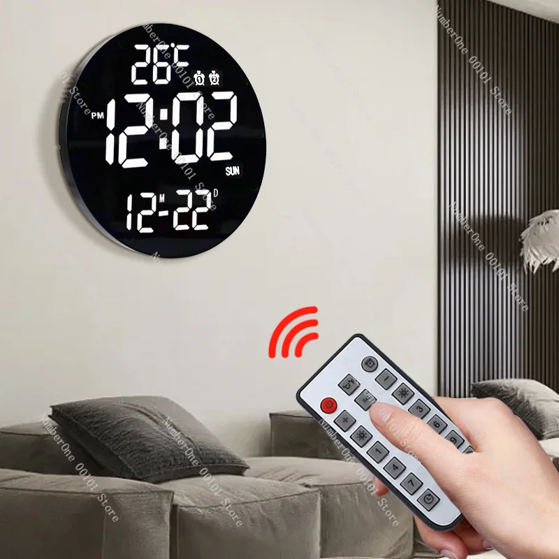12 Inch Bamboo Frame Digital Wall Clock, RGB Music Rhythm Smart Perpetual Calendar Alarm Clock for Living Bedroom