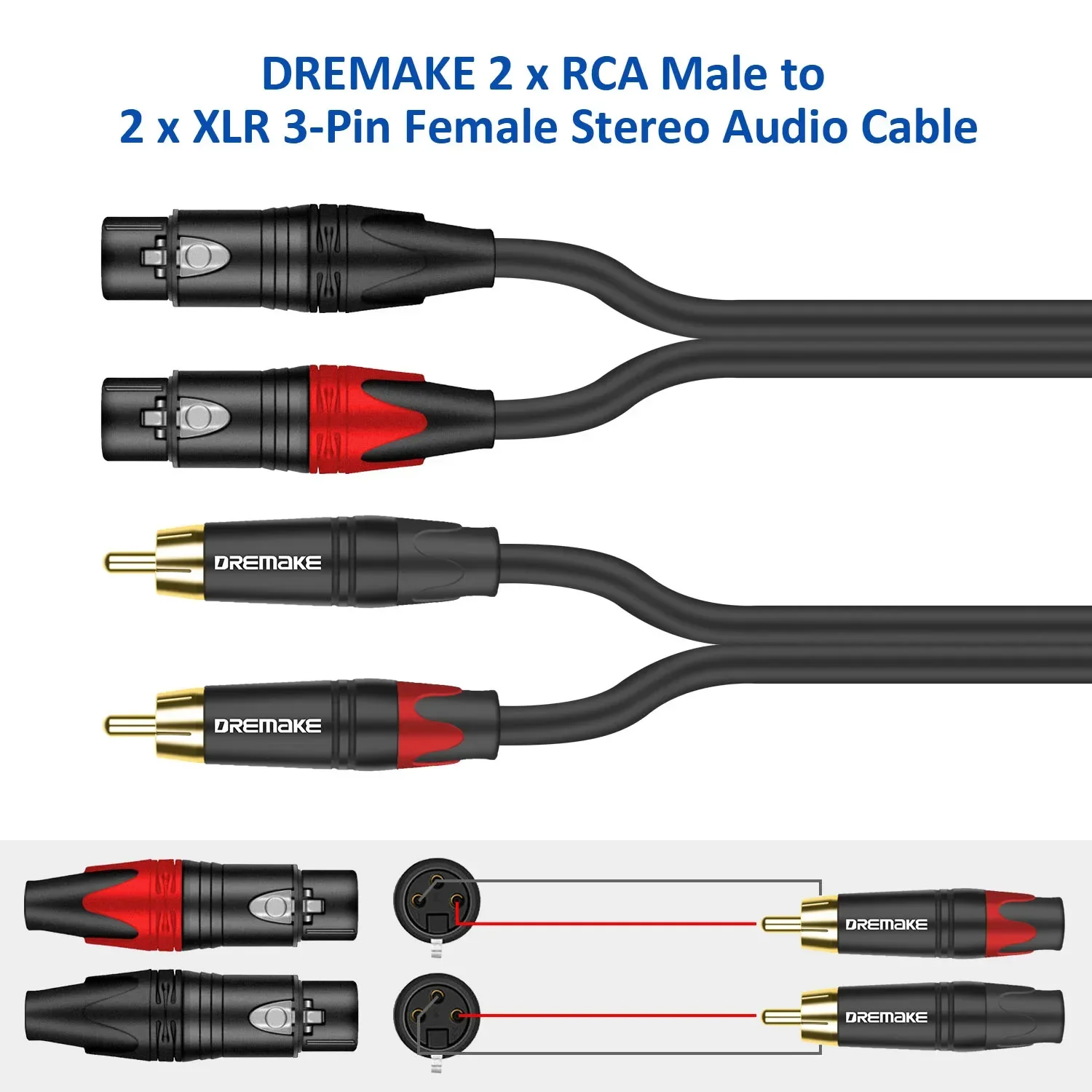 DREMAKE RCA do kabla Audio XLR podwójny wtyczka RCA do Dual XLR 3-Pin kabel mikrofonowy 2 XLR do 2 RCA radio HiFi kabel Patch przewód zasilający