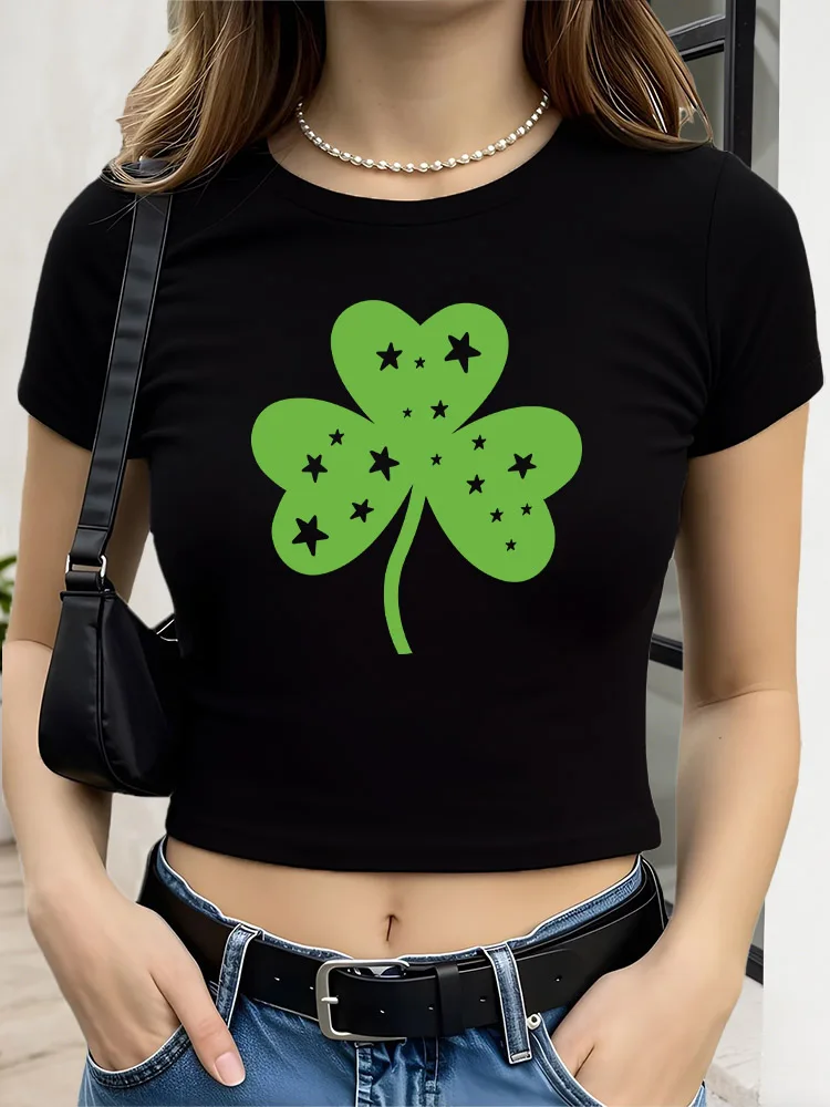 Clover and Stars Top corto con gráfico para mujer, camiseta ajustada de manga corta negra, Top básico de verano