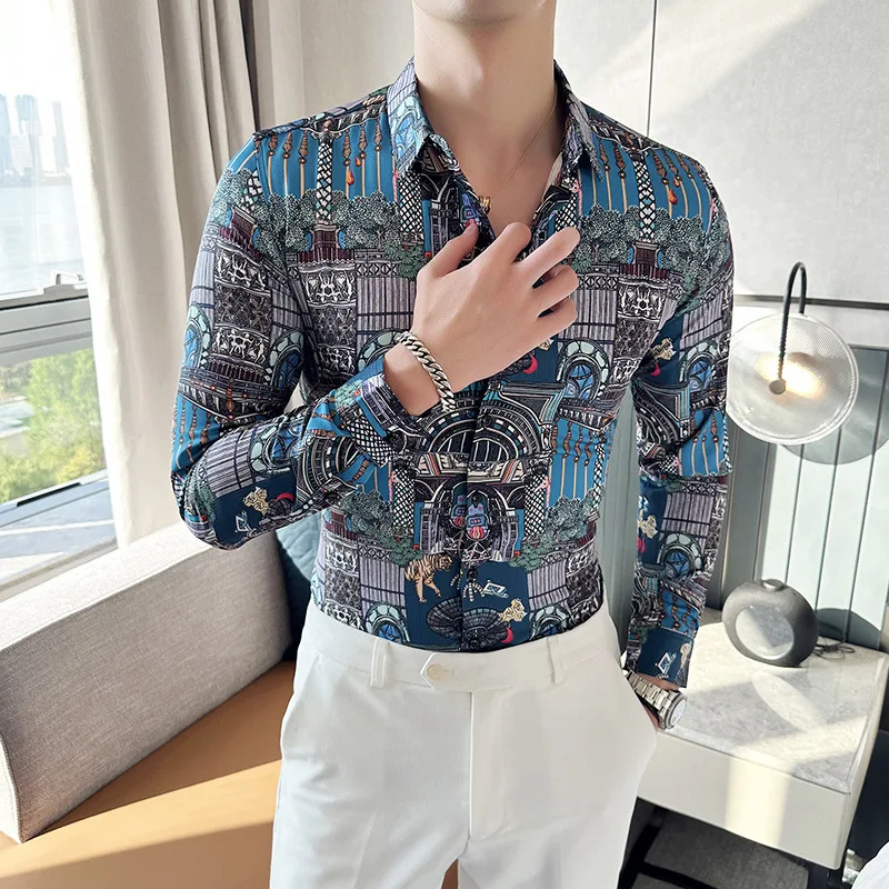 Luxury Retro Printed Shirt for Men Long Sleeve Casual Business Formal Dress Shirts Social Party Banquet Nightclub Men Clothing