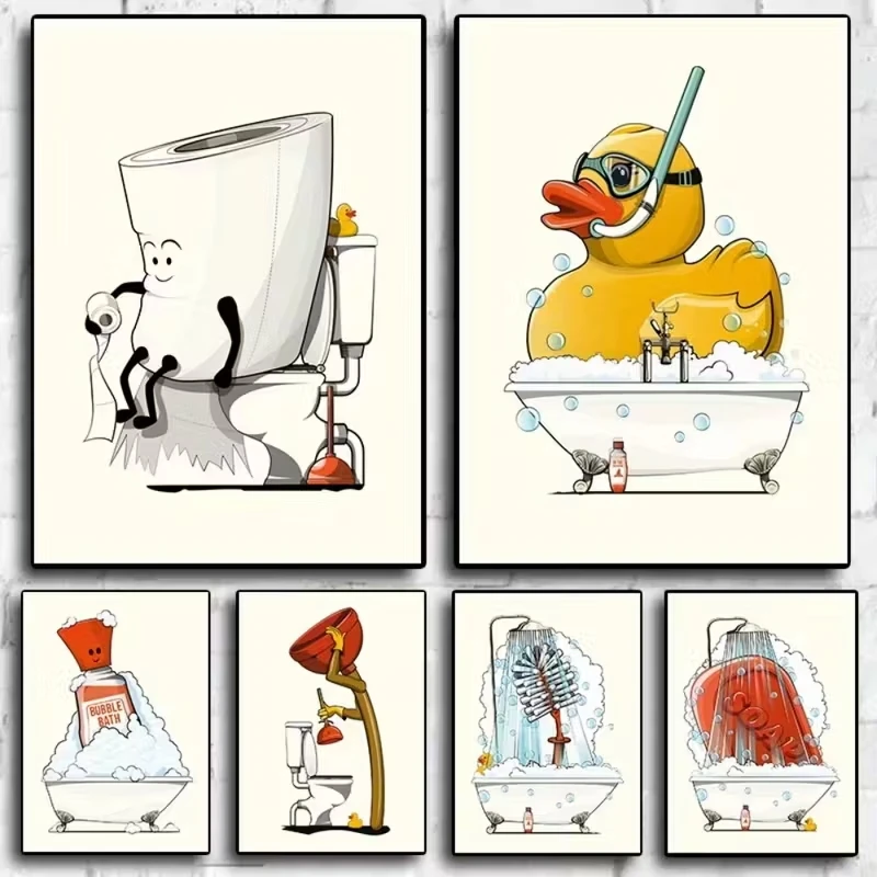 

6pcs Wall Art Toilet Paper Rolls and Toilet Character Canvas Posters, Duck Bathroom in Bathtub, Bathroom Home Decoration