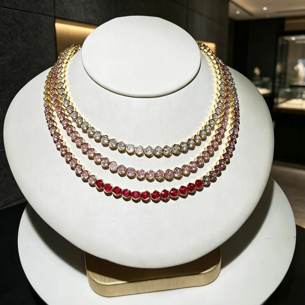 NEW Fashion Luxury Multicolour CZ Geometric Tennis Chain Necklace Paved Bling Cubic Zirconia for Women Wedding Party Jewelry