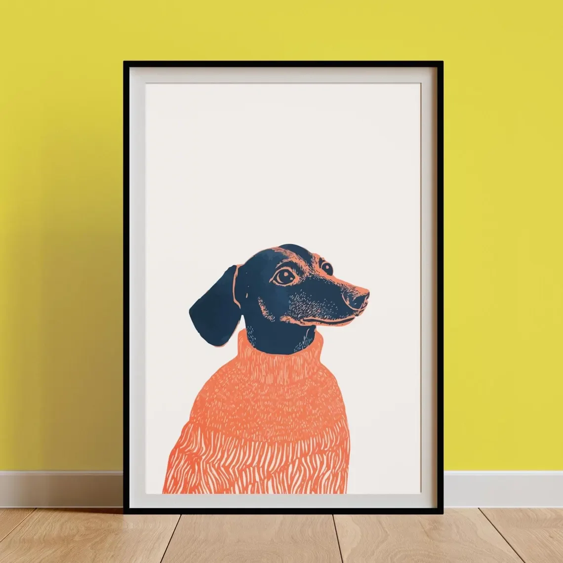 Charmant motif de chien teckel en linogravure pour la décoration murale - Impression intemporelle célébrant le style canin. Le fond blanc cassé doux et les blocs audacieux