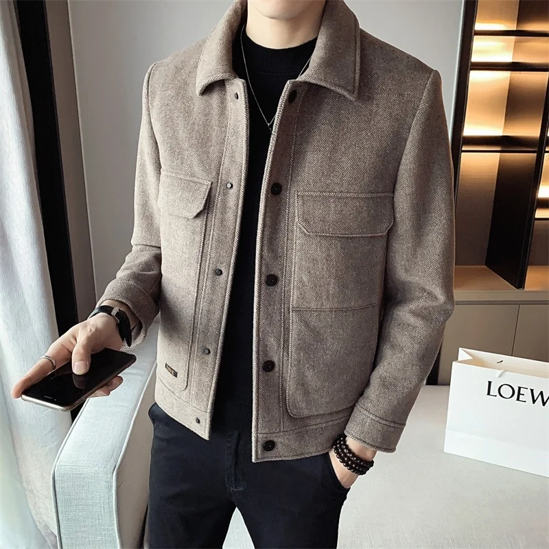 

High Quali Men's ort Woolen Coat Flip Collar Faionable Versatile Autumn Winter Tailored Fit Long Sve Color