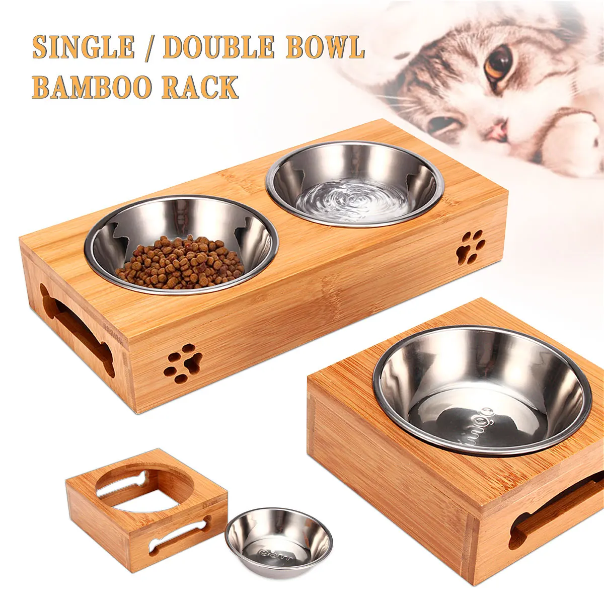 

Pet Cat Bowl Bear Bamboo Plate Double Bowl Natural Durable Safety Wood Stainless Steel Cat Dog Utility Double Bowl