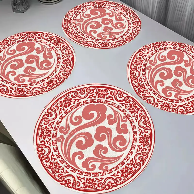 VIKAMA Fresh Water Green Ancient Style Round Linen Table Mat Insulation Washable Wear resistant Table Mat Table Decoration
