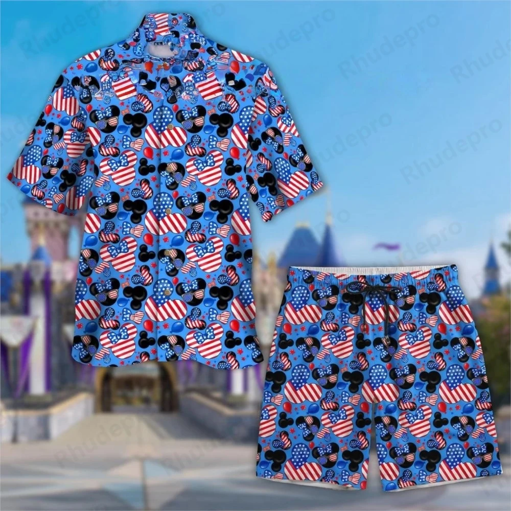 

2025 Disney Mickey Men Women Hawaiian Shirt Suit Of 2 Vintage Button Up Shirt Board Shorts Casual Set Summer Shirt Set