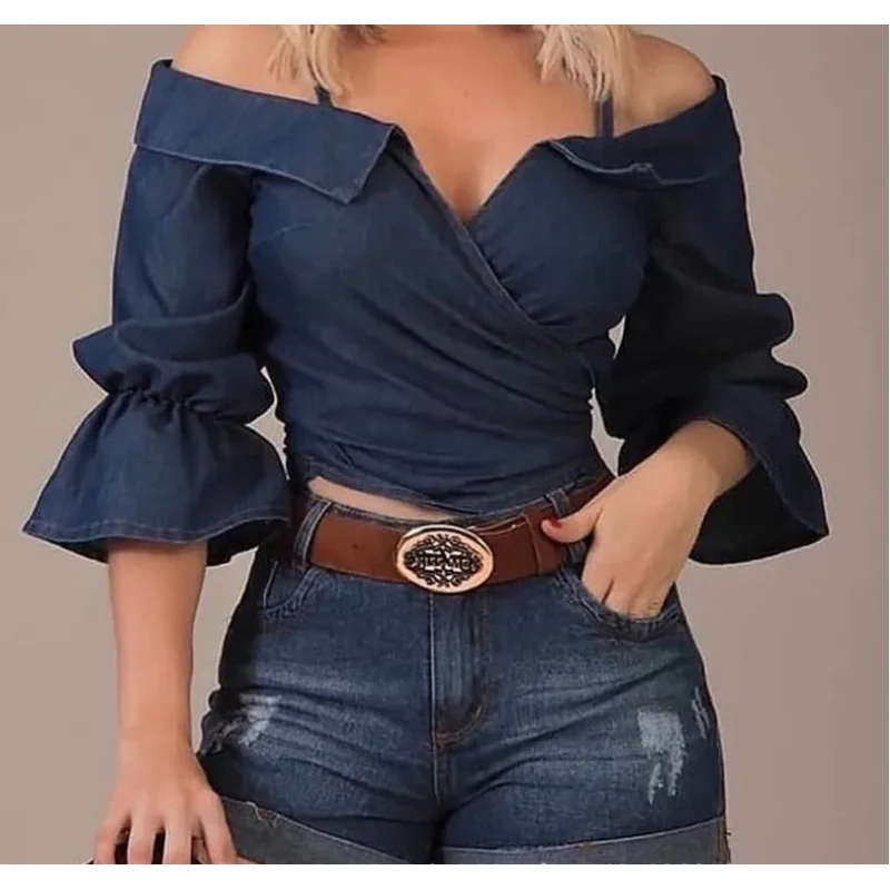 2025 New Solid Color Flared Sleeve Off shoulder Spring Tops and Blouses for Women jean blouse shirt Top abc