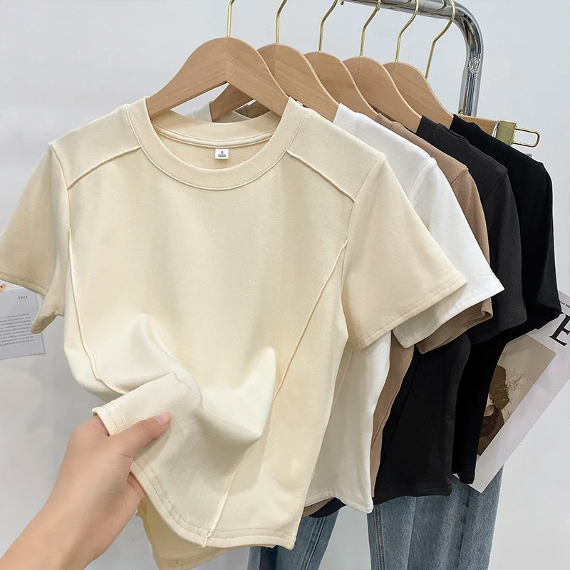 Women\'s T Shirts Solid Color Round Neck Short Sleeve Slim T shirt Women 2024 Summer Age Reduction Tops