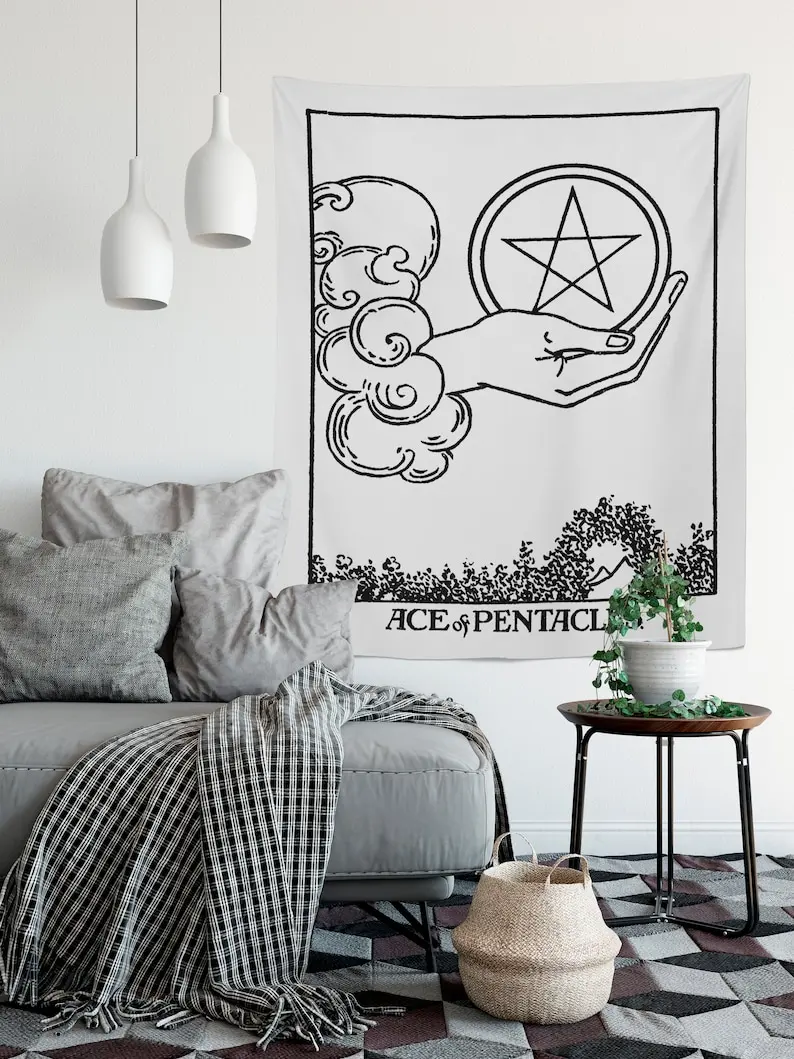 Ace of Pentacles Tarot Card Tapestry - Rider Waite Ace of Pentacles Black and White Tapestry