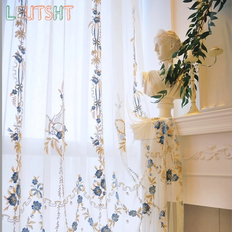 French Romantic Curtains Villa Bedroom Living Room Blue Embroidered Light Luxury Wedding Decoration Curtain
